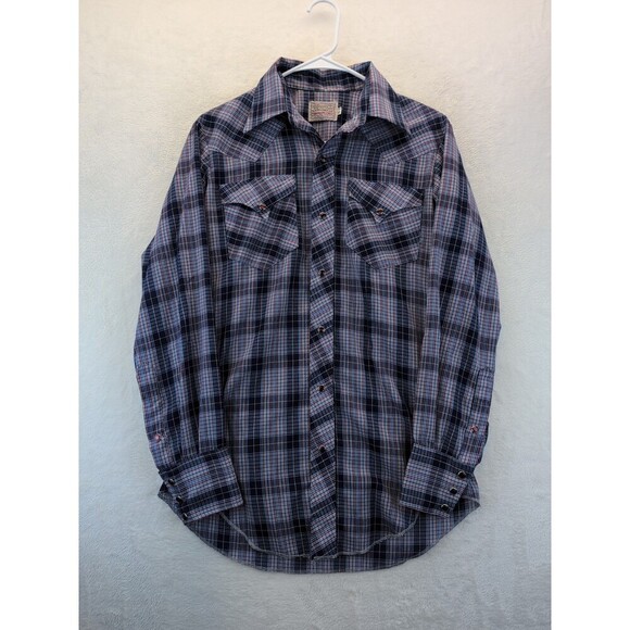 VTG H Bar C 14.5-33 Ranchwear Long Tail Pearl Snap Blue Plaid Shirt Western 70s - Picture 1 of 14